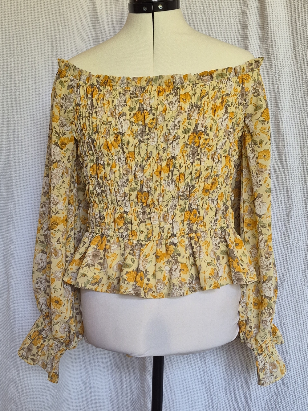 entro Yellow Floral Smocked Off-Shoulder Peplum Blouse